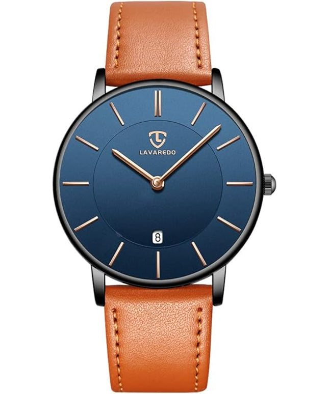 L LAVAREDO Watch for Men, Extremely Thin Mens Watches Minimalist Analog Men's Leather Wrist Watches with Time/Date, Birthday Gift for Men Boyfriend