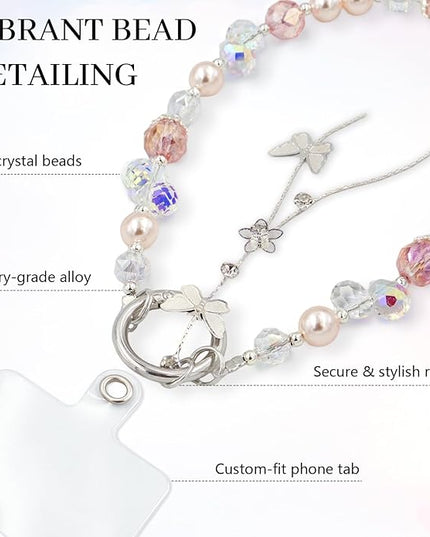 Phone Charm for Women, Anti-Theft Phone Wrist Strap Hands-Free, Crystal Beaded Chain, Detachable Cellphone Lanyard with Tether Tab