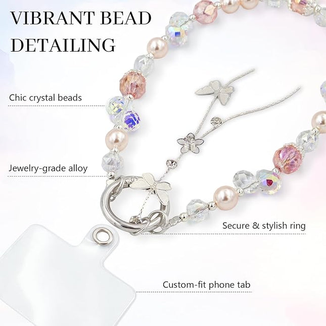 Phone Charm for Women, Anti-Theft Phone Wrist Strap Hands-Free, Crystal Beaded Chain, Detachable Cellphone Lanyard with Tether Tab