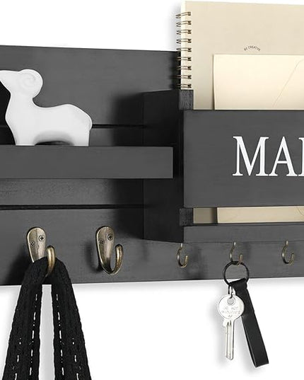 Lwenki Mail Organizer for Wall Mount – Key Holder with Shelf Includes Letter Holder and Hooks for Hallway Farmhouse Decor – Rustic Wood with Flush Mounting Hardware (16.5” x 9.1” x 3.4”) (Black)