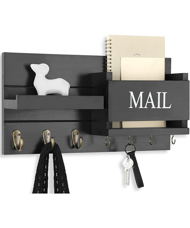 Lwenki Mail Organizer for Wall Mount – Key Holder with Shelf Includes Letter Holder and Hooks for Hallway Farmhouse Decor – Rustic Wood with Flush Mounting Hardware (16.5” x 9.1” x 3.4”) (Black)