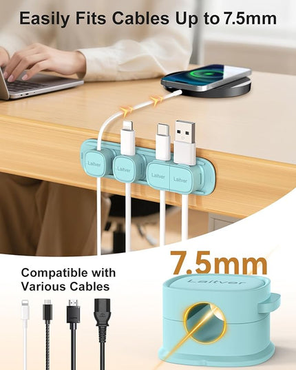 6 Pack Magnetic Cable Clips [1s Open/Lock], Laitver Cord Organizer Holder Strong Adhesive Desk Cable Management- Organize Charging Cords Neatly for Home, Office, Car,Desk, Nightstand-Blue