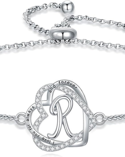 TOUPOP Gifts for Women Heart Initial Bracelet 925 Sterling Silver Double Heart Bracelet Birthday Jewelry Birthday Christmas Gifts for Her Wife Girlfriend
