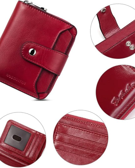 BOSTANTEN Leather Wallets for Women RFID Blocking Zipper Pocket Small Bifold Wallet Card Case Wine Red