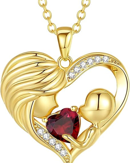FANCIME Mom Birthstone Necklace Mother and Child Love Heart Necklace I Love You Mom Gifts Mothers Day Birthstone Jewelry Gifts for Grandmother Women Wife, 16"+2" Inches