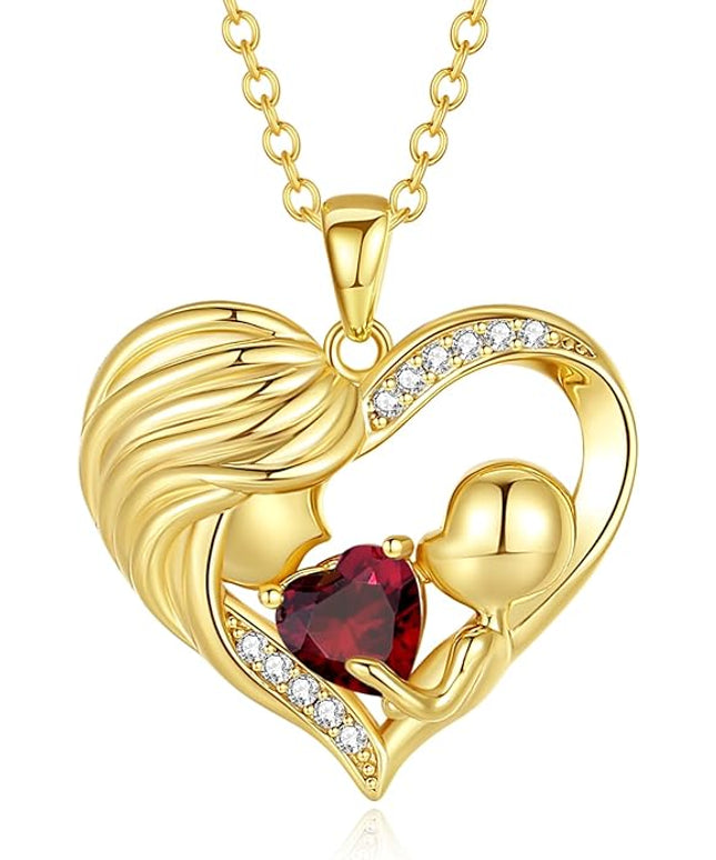 FANCIME Mom Birthstone Necklace Mother and Child Love Heart Necklace I Love You Mom Gifts Mothers Day Birthstone Jewelry Gifts for Grandmother Women Wife, 16"+2" Inches