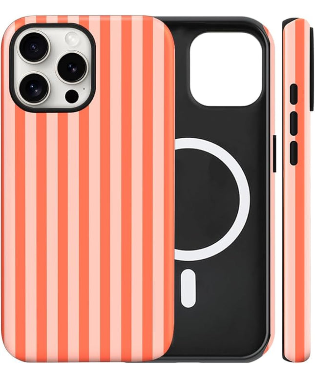 Magnetic for iPhone 11 Case Cute Stripes Phone Case, Shockproof Slim TPU and Hard PC Protective Phone Cover Compatible with MagSafe Designed for Women Girls, Deep Orange