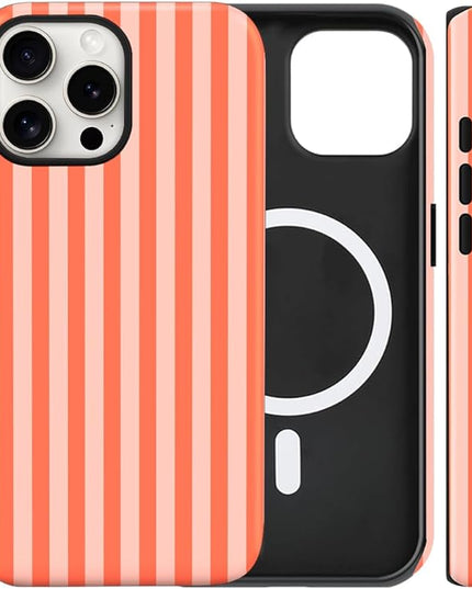 Magnetic for iPhone 16 Pro Case Cute Stripes Phone Case, Shockproof Slim TPU and Hard PC Protective Phone Cover Compatible with MagSafe Designed for Women Girls, Deep Orange