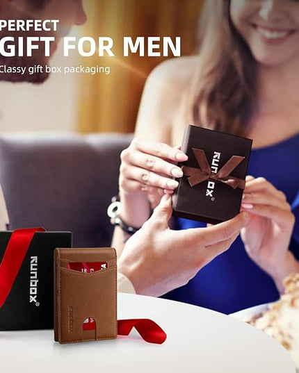 RUNBOX Wallet for Men Slim Leather Bifold RFID Blocking Minimalist Front Pocket Design with Gift Box