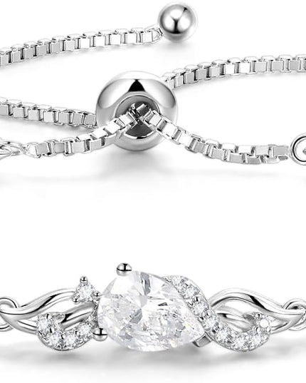 FANCIME Birthstone Teardrop Tennis Bracelet for Women, Sterling Silver 9x7mm main Gemstone Bolo Adjustable Chain Bracelet Fine Jewelry Birthday Gifts for Women Mom Wife Her
