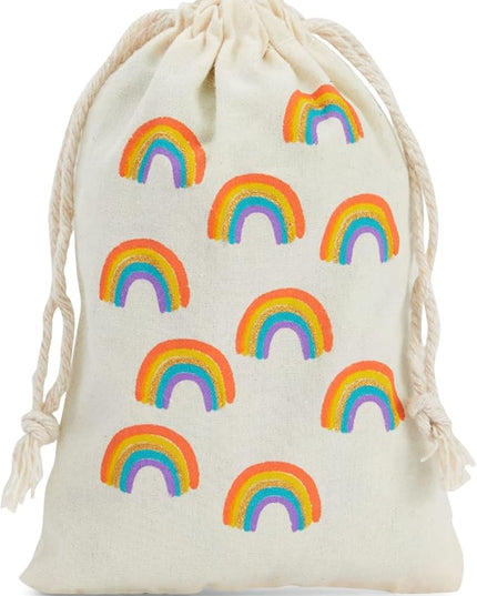 Juvale Rainbow Canvas Bags - 4 x 6 In, Pack of 12 - Mini Canvas Drawstring Bags for Kids & Party Favors - Rainbow Design