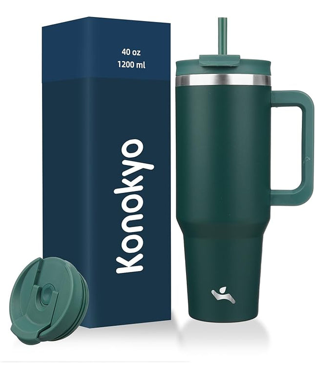 40 oz Tumbler with Handle and 2 Straws,2 in 1 Lid Insulated Water Bottle Stainless Steel Travel Coffee Mug,Dark Green