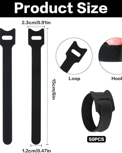 50 Pcs Reusable Cable Ties for Cords, 6" Hook and Loop Adjustable Cord Straps, Reusable Zip Ties, Wire Organizers for Cords Electrical Cord Management Office Home Computer PC Cable Management(Black)
