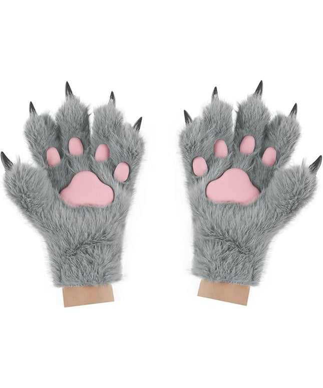 HAOAN Wolf Paw Gloves Faux Fur Cat Fingerless Mittens Winter Warm Cosplay Halloween Fancy Party Costume Accessories