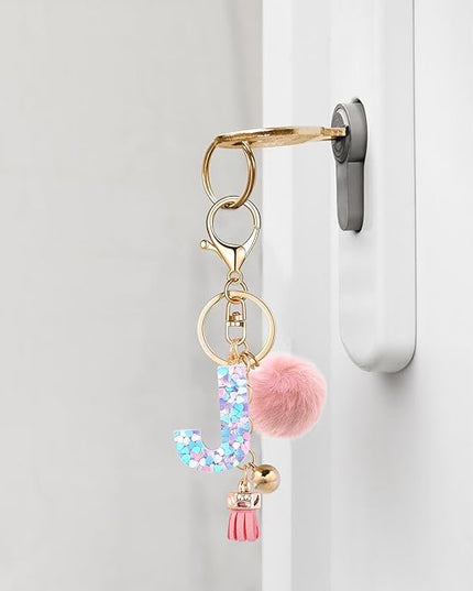 Resin Alphabet Initial Letter Keychain Keyring for Women Purse Handbags With Fur Ball Pom