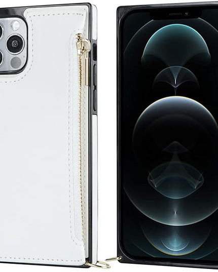 Bocasal Crossbody Wallet Case for iPhone 12/12 Pro with Card Holder,Zipper Card Slot Protector Shockproof Purse Cover with Removable Cross Body Strap 6.1 Inch (White)