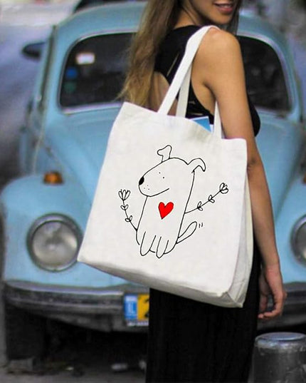 Canvas Tote Bag with 3 Inner Pocket Cotton Heavy Duty Gusseted Shopping Bag for Weekend Overnight School Book (Cute Dog)