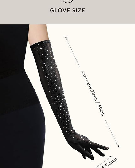 BABEYOND Mesh Gloves for Women - Long Rhinestone Tulle Sheer Sparkly Elbow Length Stretchy Accessory for Opera Party