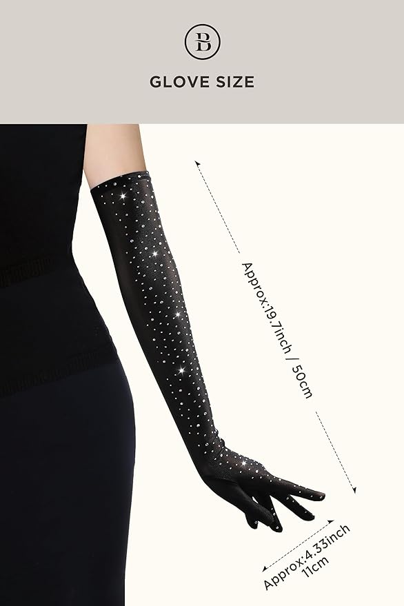 BABEYOND Mesh Gloves for Women - Long Rhinestone Tulle Sheer Sparkly Elbow Length Stretchy Accessory for Opera Party
