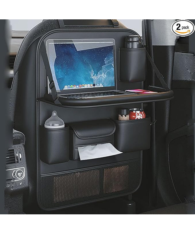 2 Pack Leather Car Backseat Organizer with Foldable Table Tray, Car Storage Organizer with Tablet Holder, Car Seat Back Protectors Kick MatsTravel Accessories