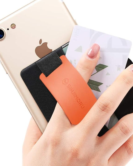 Sinjimoru Phone Grip Card Holder with Phone Stand, Secure Stick on Wallet for iPhone with Kickstand for Table. Sinji Pouch B-Grip Silicone Clementine
