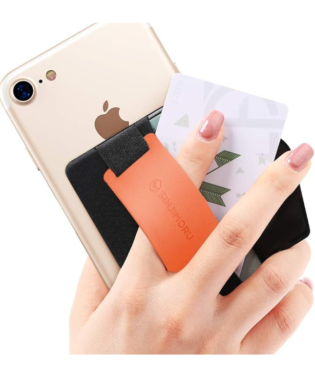 Sinjimoru Phone Grip Card Holder with Phone Stand, Secure Stick on Wallet for iPhone with Kickstand for Table. Sinji Pouch B-Grip Silicone Clementine