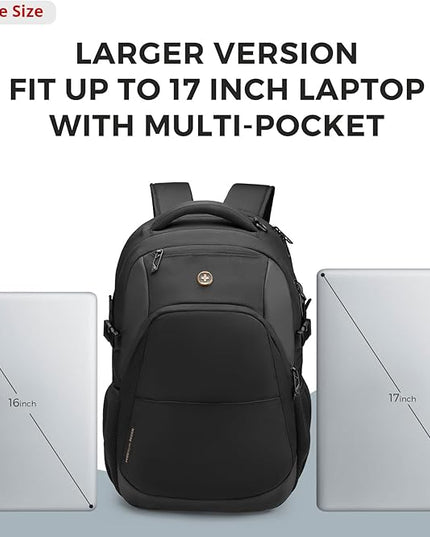 Swissdigital Design Travel Laptop Backpack, 35L Expandable Large College Laptops Backpack with USB Charging Port for Men and Women Fits 17 Inch Notebook, Black | SD1671-01