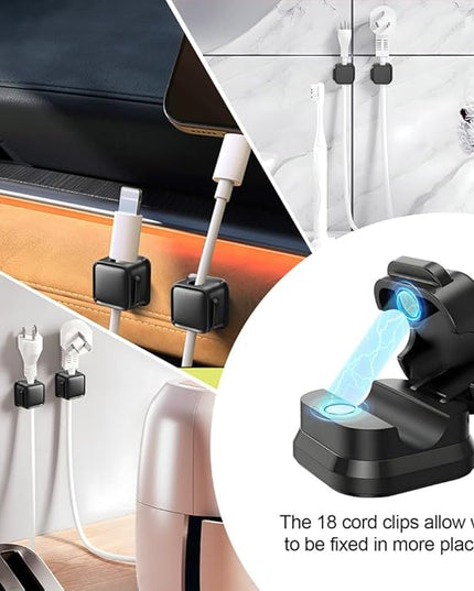18 Pack Cord Organizer Holder,Magnetic Cable Clips Management, Easy Adhesive Phone USB Charger Cord Keeper, Hide Or Organize Desk Cable for Kitchen, Office, Car, Nightstand （Black）