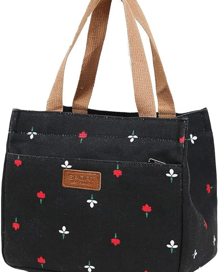Dreubea Women's Floral Print Canvas Tote Bag - Small Reusable Shopping Handbag for Groceries, Takeout, Eco-Friendly Purse