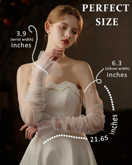 Women's Long Bridal Wedding Tulle Glove Mesh Fingerless Gloves Pearl 1920 Opera Tea Party Sheer Gloves