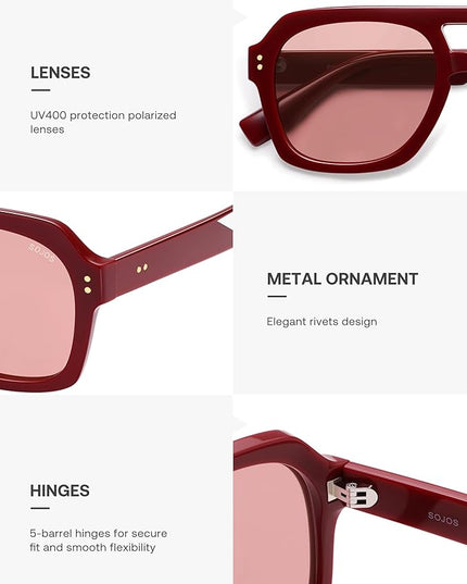SOJOS Retro Thick Polarized Aviator Sunglasses for Women Men, Large Trendy Bold Square Pilot Shades SJ2385