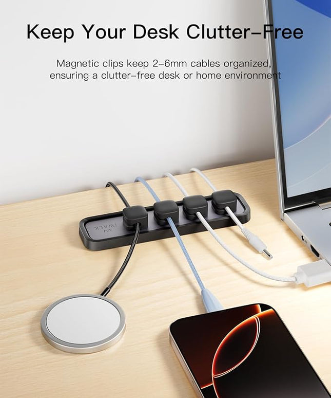 iWALK Magnetic Cable Holder,Reusable Adhesive Desktop Cord Organizer for 2-6mm Cables,4 Clips for Lightning & USB C/Micro Cables,Sticks to Wood,Glass,Metal, Marble,2-Pack,Black
