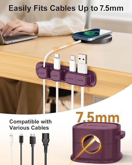 6 Pack Magnetic Cable Clips [1s Open/Lock], Laitver Cord Organizer Holder Strong Adhesive Desk Cable Management- Organize Charging Cords Neatly for Home, Office, Car,Desk, Nightstand-Dark Purple