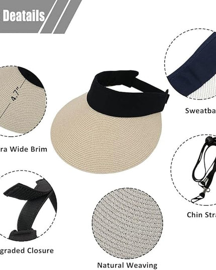 Women Straw Sun Visor Hat Wide Brim Summer UV Protection Beach Cap Foldable Packale Korean Style