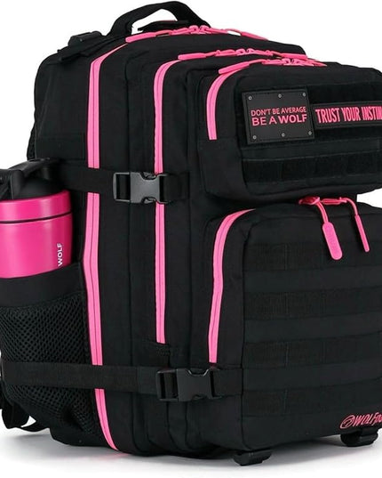 WOLFpak 35L Athletic Gym Backpack - Durable 1000D Waterproof Oxford Material with MOLLE Webbing, Laptop Pocket & Dual Cup Holders, Durable Fitness/Travel/Military Daypack (Black Neon Pink)