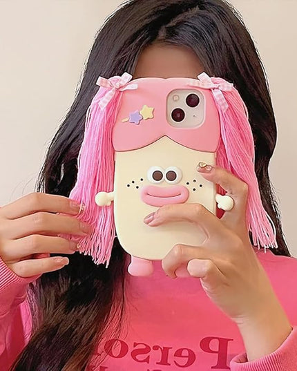 Case Compatible with iPhone 11,Cute 3D Kawaii Funny Braided Sausage Mouth Girl Pink Cartoon Cover with Keychain Soft Silicone Gel Drop Protector Women Girls
