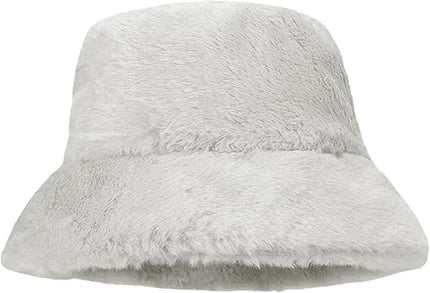 Women Plush Fluffy Bucket Hat Warm Lining Winter Faux Fur Cozy Wide Brim Winter