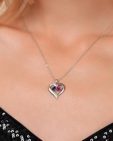 2-Heart Couple Name Engraved Pendant Necklace For Women | 925 Sterling Silver and 10K Yellow Gold | Customized and Personalized | Gemstone Birthstone and Lab Grown Diamond | 18 Inch Silver Chain