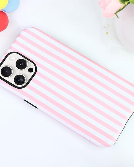 Magnetic for iPhone 16 Case Cute Stripes Phone Case, Shockproof Slim TPU and Hard PC Protective Phone Cover Compatible with MagSafe Designed for Women Girls, Pink and White