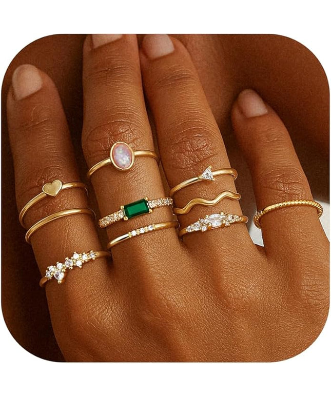 Fansilver 14K Gold Plated Stacking Rings for Women Simple Dainty Gold Stackable Knuckle Thumb Rings Heart CZ Opal Rings Plain Band Size 5-11