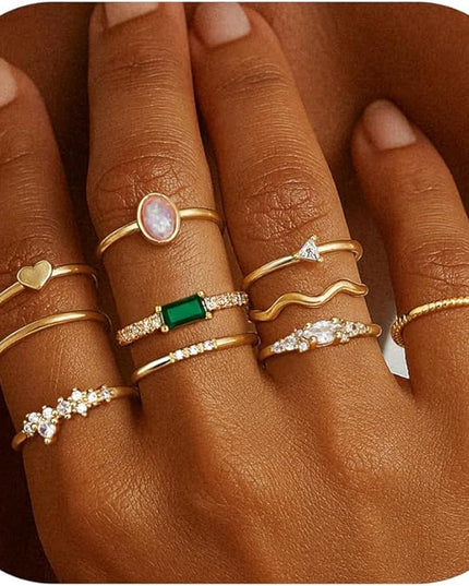 Fansilver 14K Gold Plated Stacking Rings for Women Simple Dainty Gold Stackable Knuckle Thumb Rings Heart CZ Opal Rings Plain Band Size 5-11