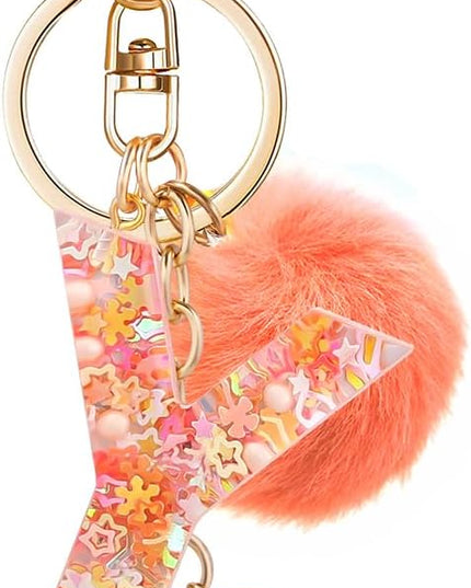 Resin Alphabet Initial Letter Keychain Keyring for Women Purse Handbags With Fur Ball Pom