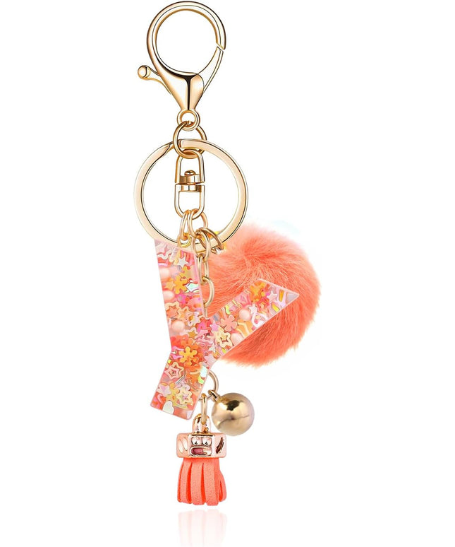 Resin Alphabet Initial Letter Keychain Keyring for Women Purse Handbags With Fur Ball Pom
