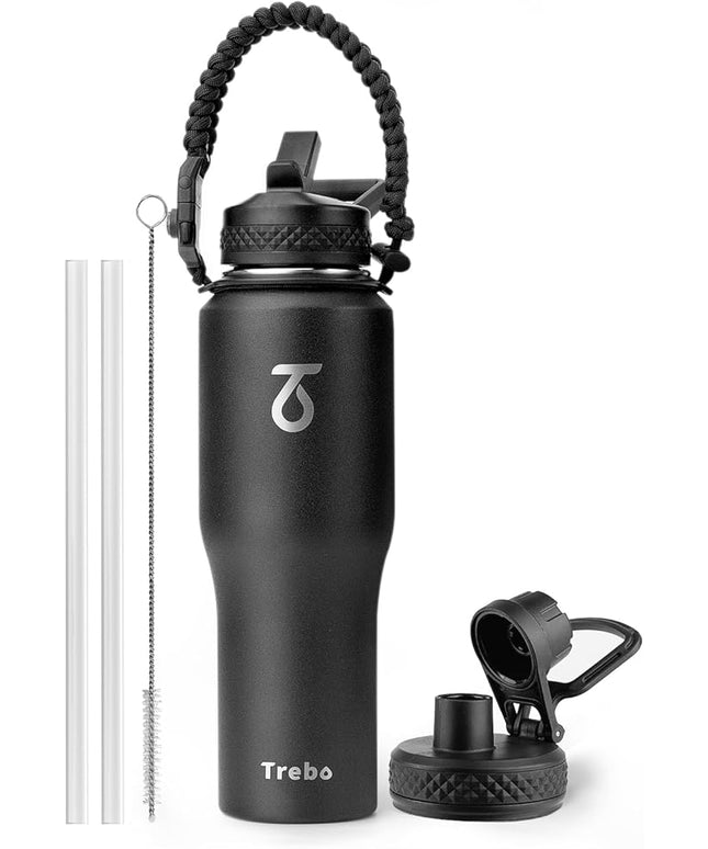 Trebo 32 oz Water Bottle Insulated Fit in Any Car Cup Holder,Triple Wall Vacuum Stainless Steel Water Bottles (Keep Cold for 48 Hrs),Leakproof Tumbler Flask with Paracord Handle,Straw Spout Lids