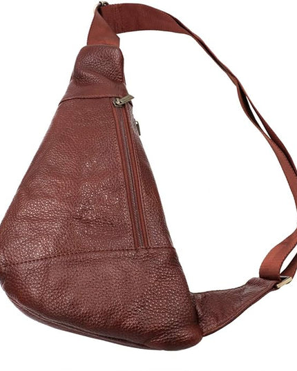 Basic Cowhide Leather Sling Bag Crossbody Chest Pack Shoulder Daypack (Tan Brown)