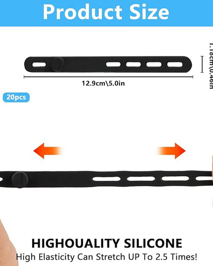 20 Pcs Black Silicone Cable Ties, Reusable Cable Straps Wire Organizer, Cable Management Cord Organizer for Fastening Earphone Phone Charger Home Office Desk Kitchen Appliances Cable Cords Wires