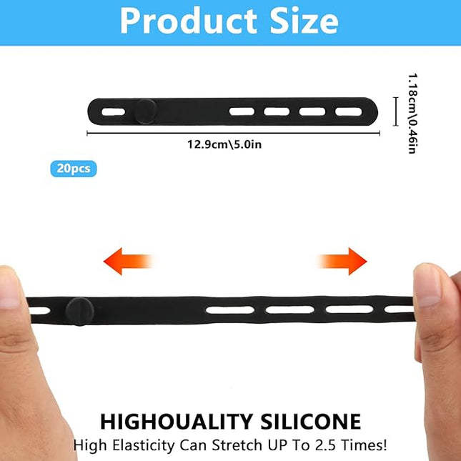 20 Pcs Black Silicone Cable Ties, Reusable Cable Straps Wire Organizer, Cable Management Cord Organizer for Fastening Earphone Phone Charger Home Office Desk Kitchen Appliances Cable Cords Wires