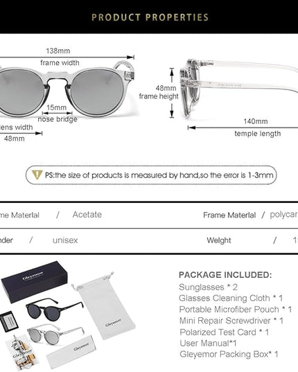 Gleyemor Vintage Polarized Sunglasses for Men Round Sunglasses UV400 Protection Retro Hand-crafted Acetate Frame