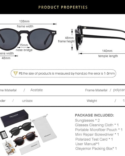 Gleyemor Vintage Polarized Sunglasses for Men Round Sunglasses UV400 Protection Retro Hand-crafted Acetate Frame