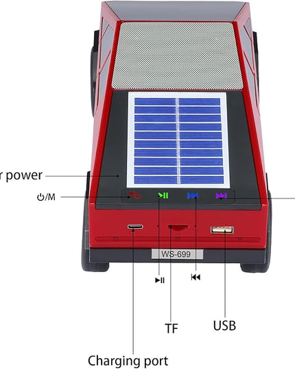 WS-699 Solar Bluetooth Replica Speaker – Future Pickup Truck Design, HD Sound, TWS Stereo Pairing, FM Radio, LED Party Light, USB/TF Playback, Hands-Free Mic, Type-C Charging, Portable Gift (Red)